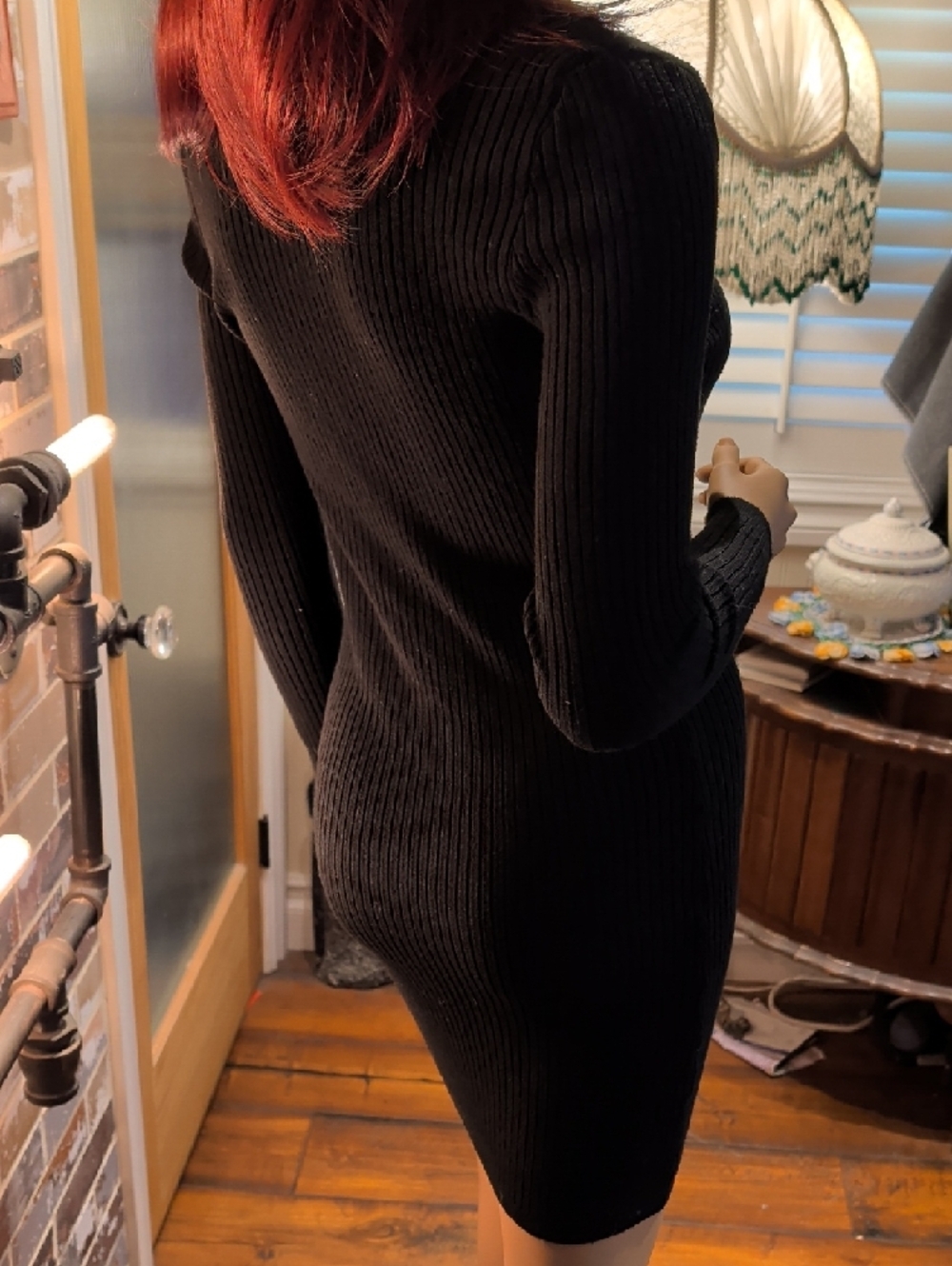 Poof! Black Long Sleeve Button-Front Ribbed Dress Small - Picture 3 of 6